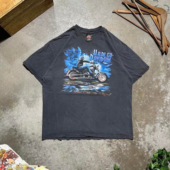 Vintage 90s Harley Davidson Ridin' Out The Storm Biker Tee Mens XL Black Shirt - Picture 1 of 5